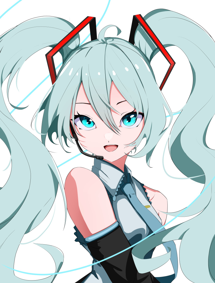 1girl, absurdres, aqua_eyes, aqua_hair, bare_shoulders, breasts, derinhi1123, detached_sleeves