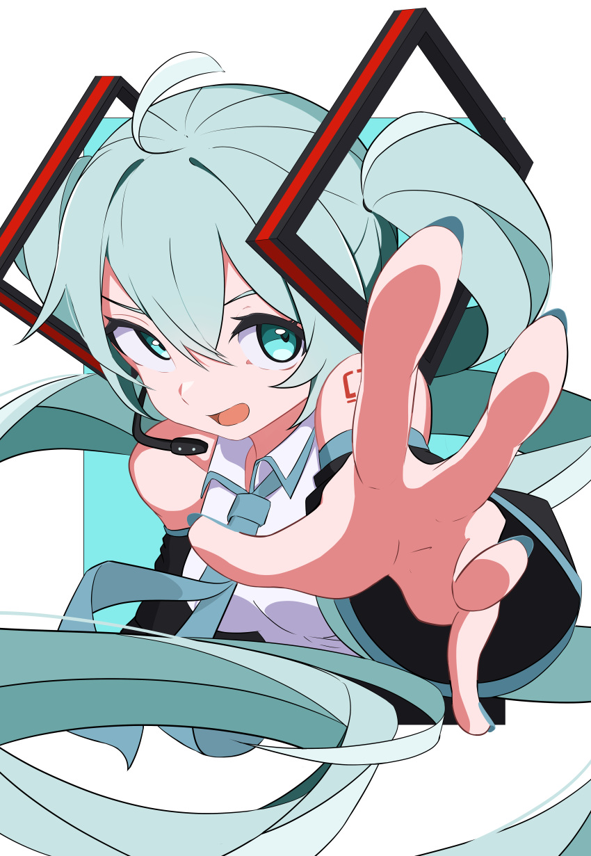 1girl, absurdres, aqua_eyes, aqua_hair, aqua_nails, bare_shoulders, derinhi1123, detached_sleeves