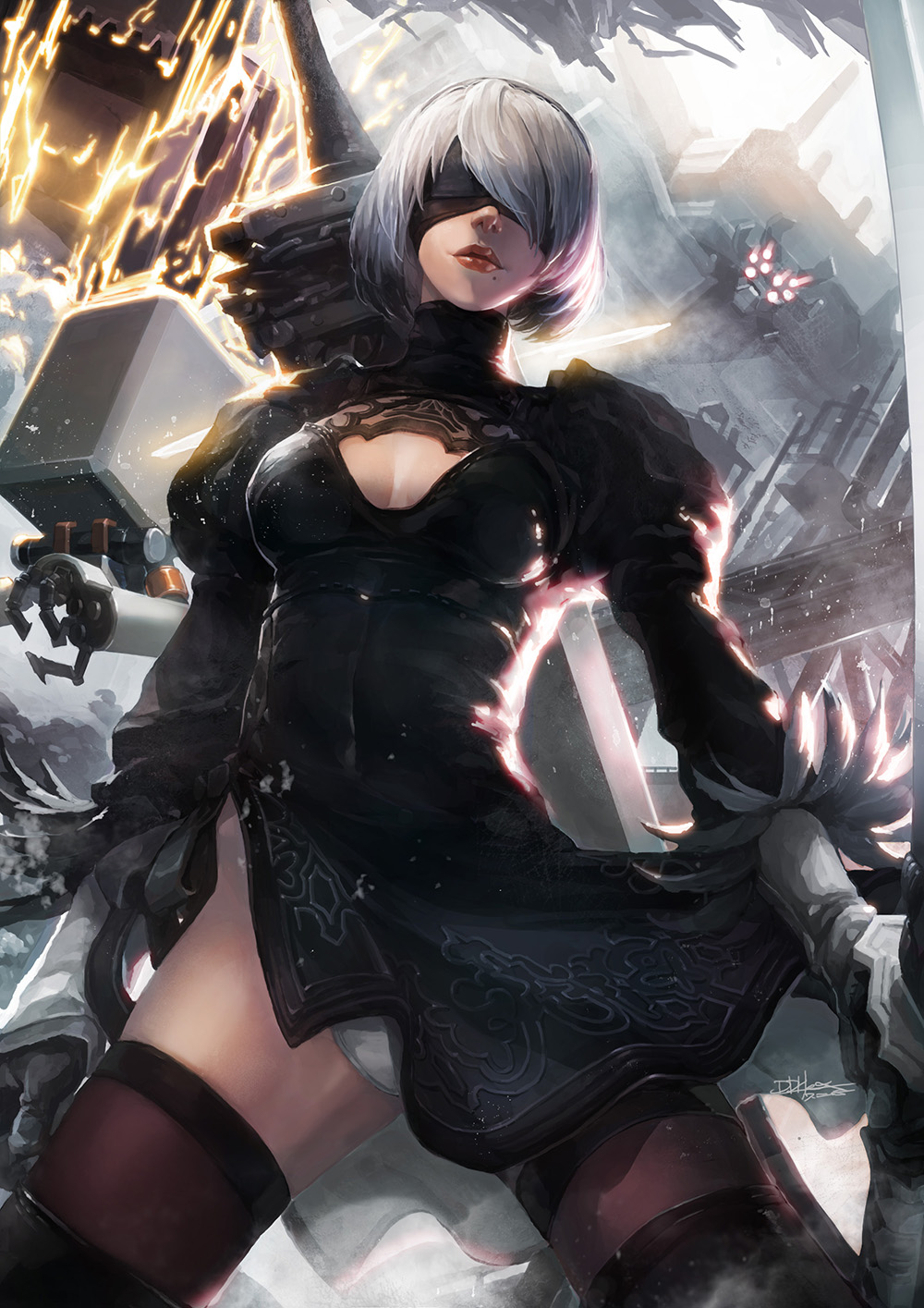 1girl, black_blindfold, black_dress, black_gloves, black_legwear, blindfold, boots, breasts
