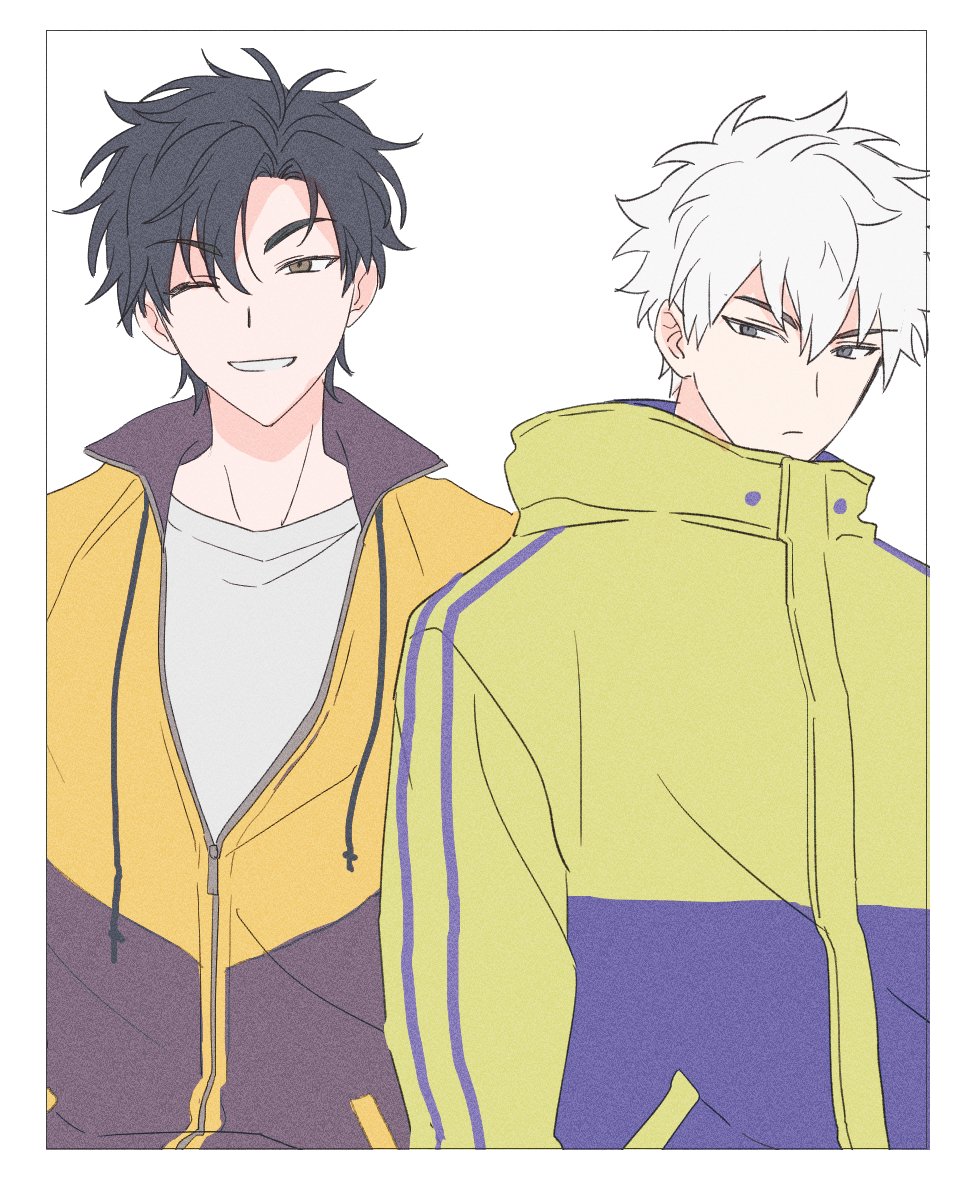 2boys, black_hair, blue_jacket, border, brown_eyes, cheng_xiaoshi, closed_mouth, drawstring