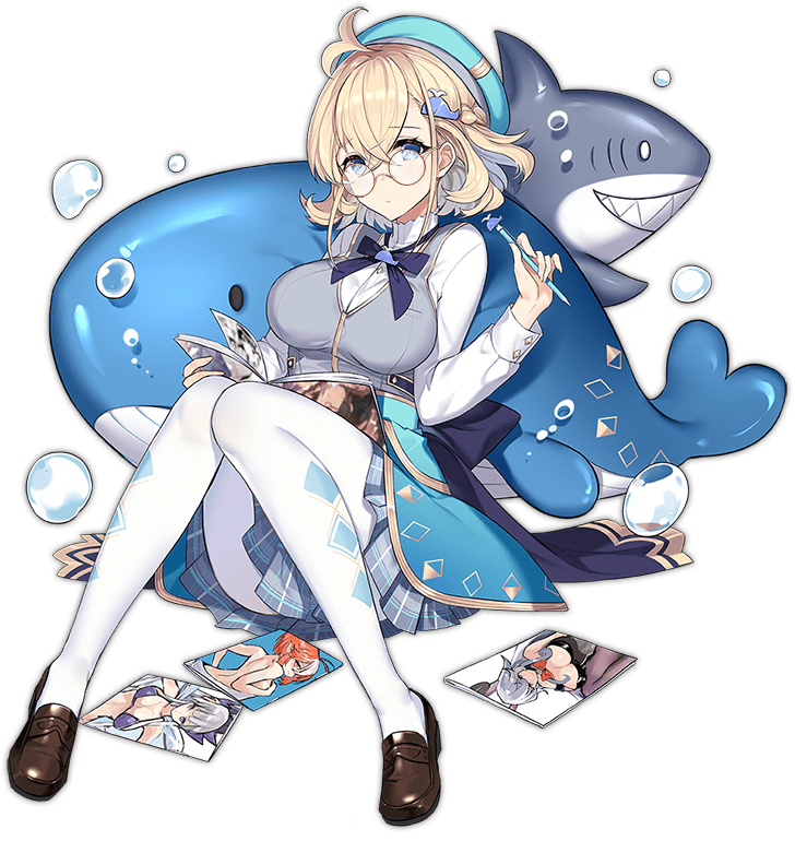 1girl, antenna_hair, aquarius_(ark_order), ark_order, back_bow, bangs, beret, blonde_hair, blue_bow, blue_eyes, blue_hair, blue_headwear, blue_skirt, bow, bowtie, braid, breasts, brown_footwear, bubble, buttons, clothes_between_thighs, grey_sweater_vest, hair_ornament, hat, hatoyama_itsuru, holding, holding_magazine, holding_pen, large_breasts, loafers, magazine_(object), medium_hair, official_art, pantyhose, pen, pisces_(ark_order), plaid, plaid_skirt, pleated_skirt, round_eyewear, sagittarius_(ark_order), scarf, shark, shirt, shoes, short_hair, sitting, skirt, solo, sweater_vest, tachi-e, transparent_background, whale, whale_hair_ornament, white_legwear, white_shirt