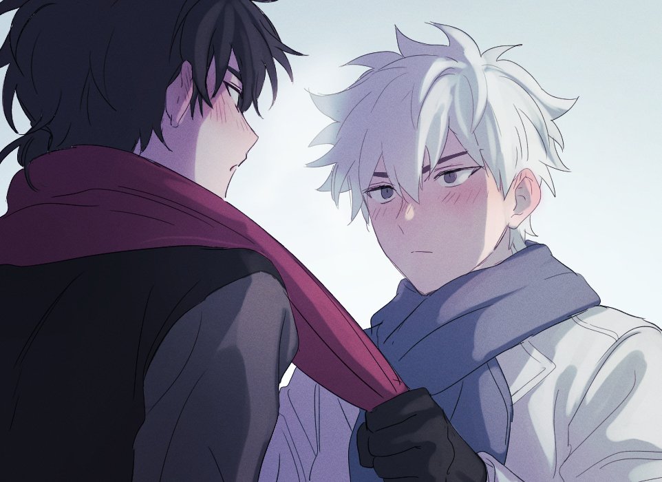 2boys, black_coat, black_gloves, black_hair, blue_scarf, blush, cheng_xiaoshi, closed_mouth