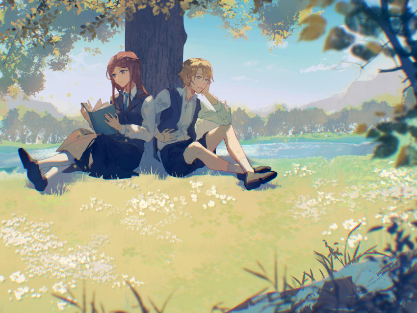 1boy, 1girl, anderson_hood, bare_legs, black_footwear, blonde_hair, blue_eyes, blue_neckwear