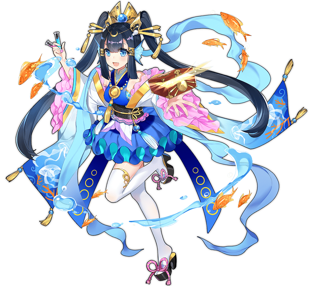 1girl, :d, ark_order, bangs, black_hair, blue_eyes, blue_skirt, blunt_bangs