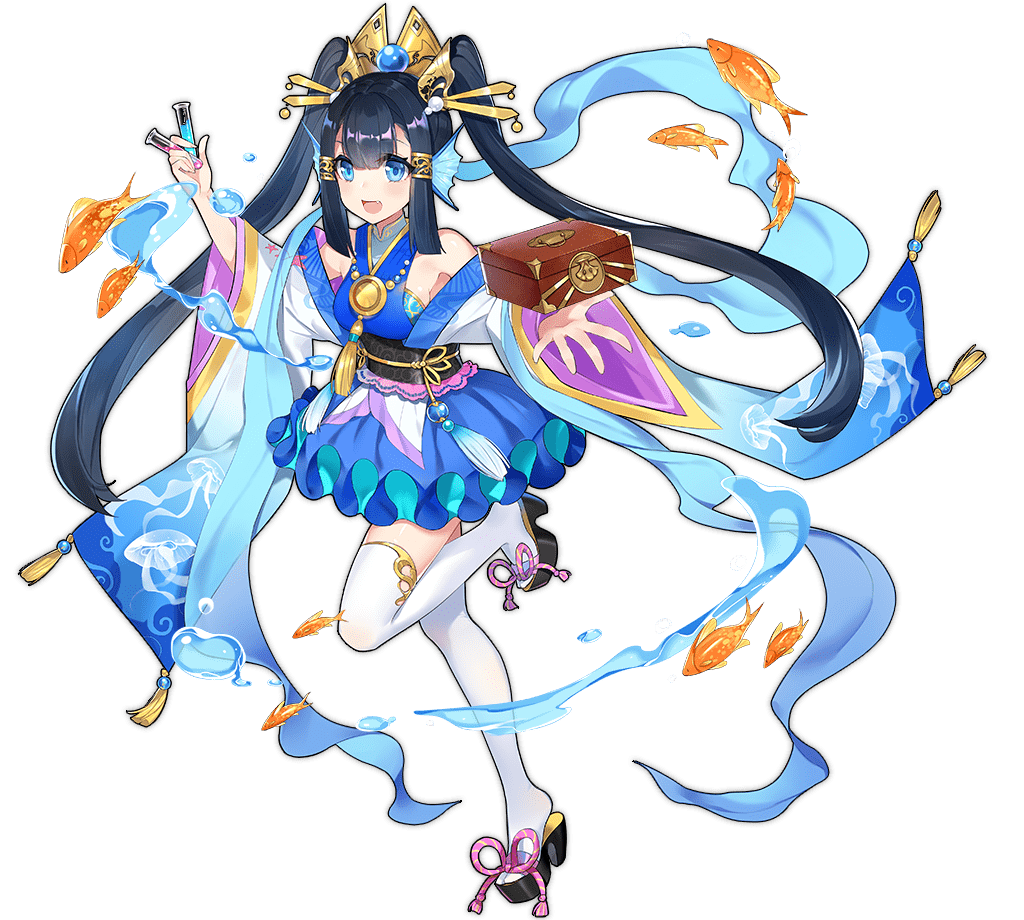 1girl, :d, ark_order, bangs, black_hair, blue_eyes, blue_skirt, blunt_bangs
