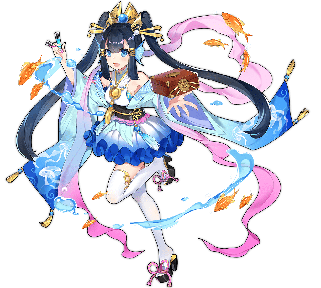 1girl, :d, ark_order, bangs, black_hair, blue_eyes, blue_skirt, blunt_bangs