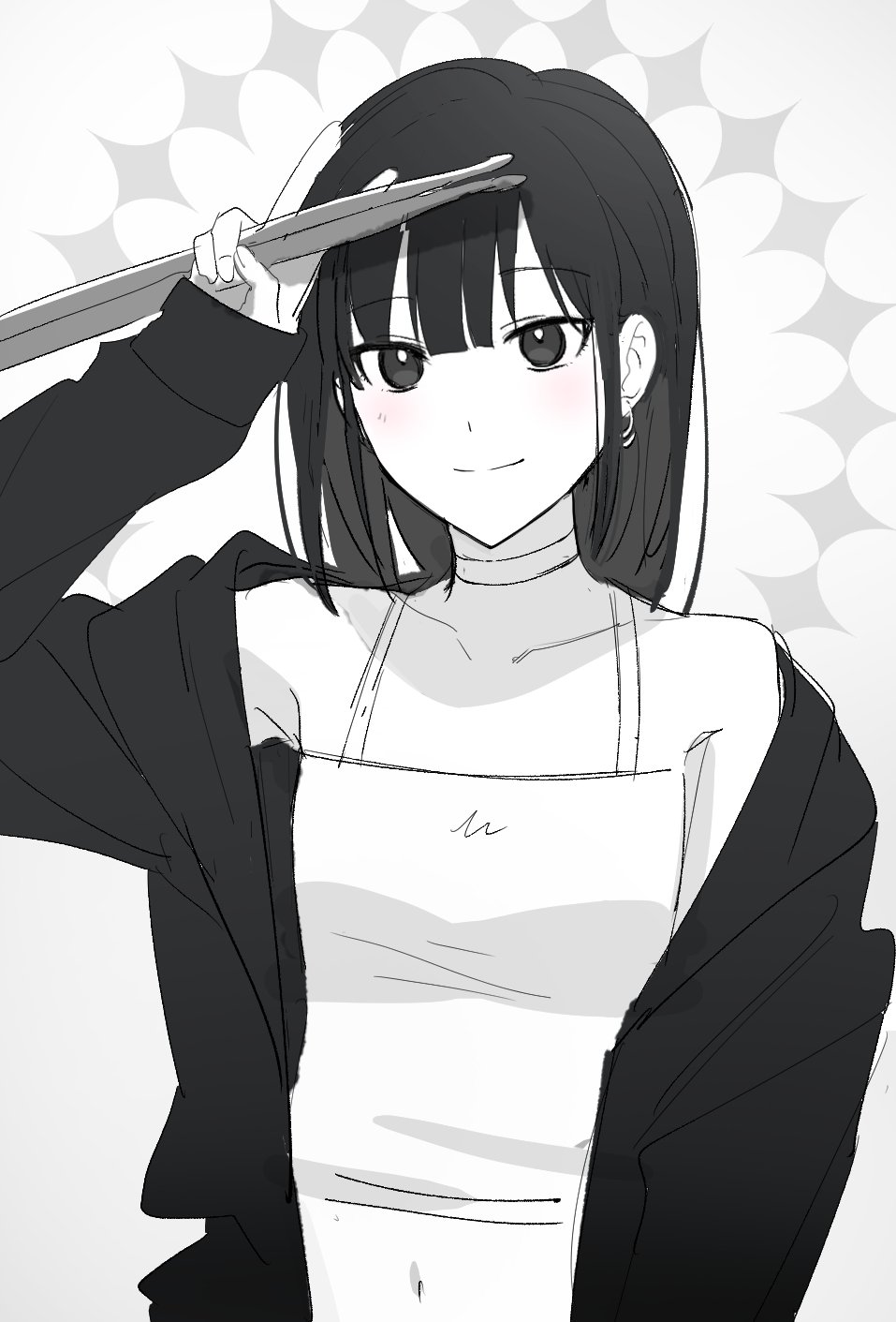 1girl, bangs, bare_shoulders, black_hair, black_jacket, blush, breasts, camisole