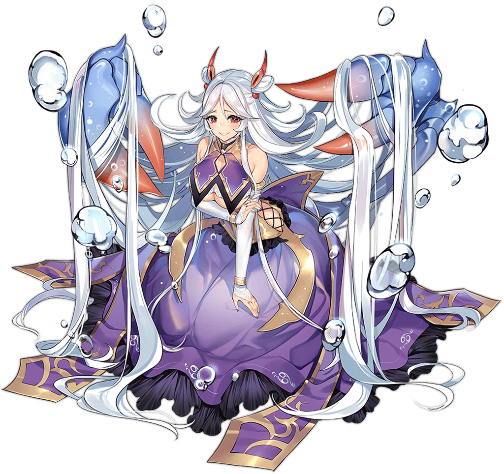 1girl, absurdly_long_hair, ark_order, arthropod_girl, bangs, bracelet, breasts, bridal_gauntlets, bubble, cancer_(ark_order), claws, crab_claw, crab_girl, cross-laced_cutout, dress, elbow_gloves, full_body, gloves, gold_trim, hair_flaps, hair_flowing_over, hatoyama_itsuru, jewelry, large_breasts, long_hair, looking_at_viewer, official_art, purple_dress, red_eyes, side_cutout, sidelocks, sleeveless, sleeveless_dress, smile, solo, tachi-e, transparent_background, under_boob, very_long_hair, water, white_gloves, white_hair