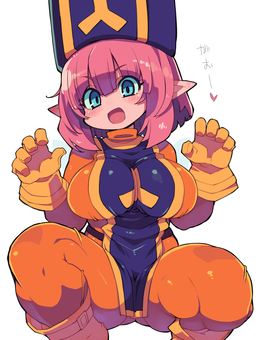 1girl, absurdres, blue_eyes, blue_headwear, bodysuit, boots, breasts, dragon_quest, dragon_quest_x, elf_(dq10), gloves, hat, highres, large_breasts, looking_at_viewer, orange_bodysuit, pink_hair, pointy_ears, short_hair, simple_background, solo, squatting, tabard, white_background, yellow_footwear, yellow_gloves, zankuro