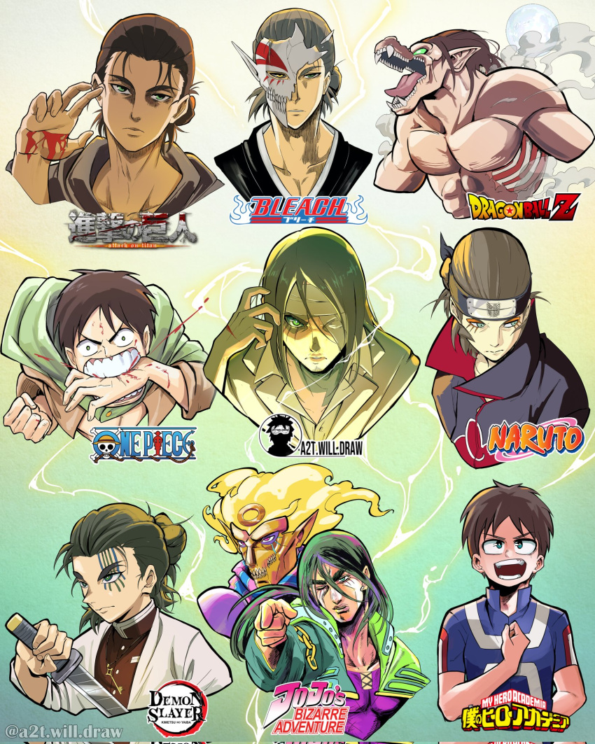 1boy, a2t_will_draw, akatsuki_uniform, araki_hirohiko_(style), bandage_over_one_eye, biting_hand, bleach, blood