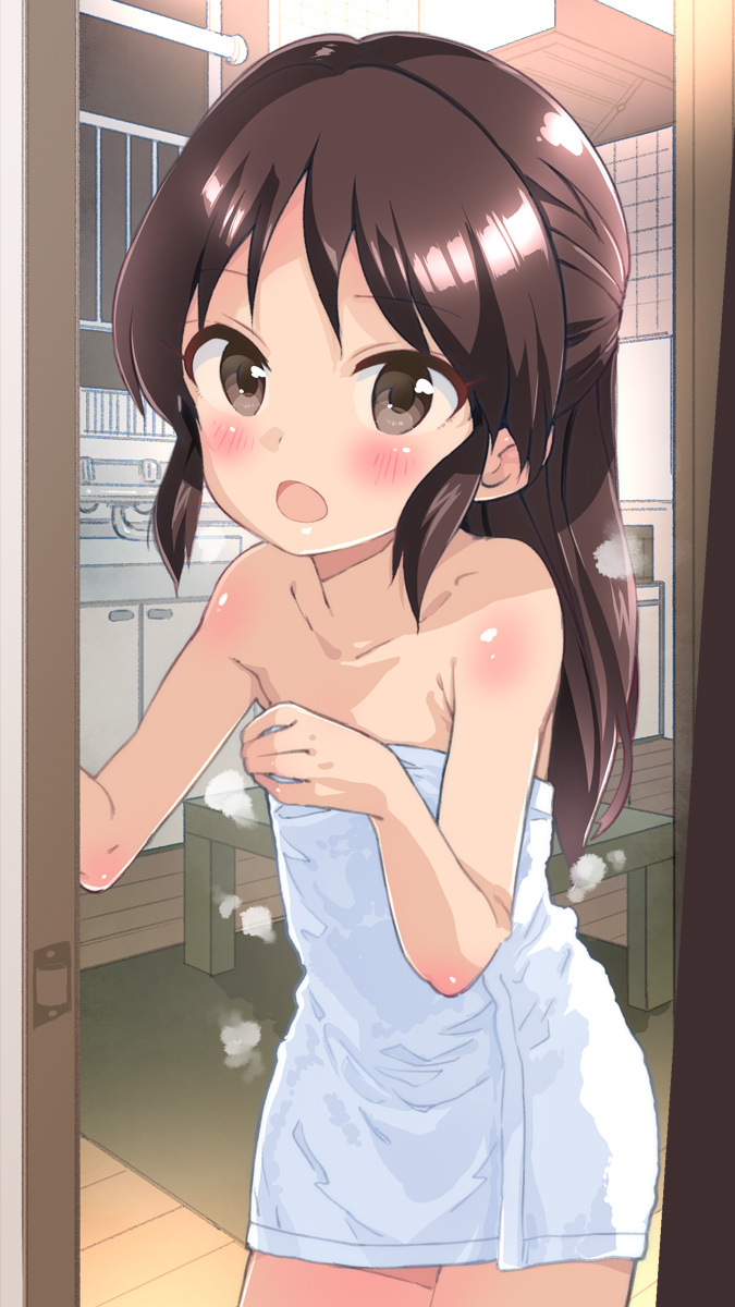 1girl, bangs, bare_shoulders, blush, brown_eyes, brown_hair, child, collarbone