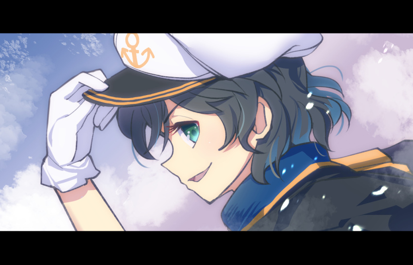 1girl, anchor_symbol, black_hair, black_jacket, gloves, green_eyes, hat, holding