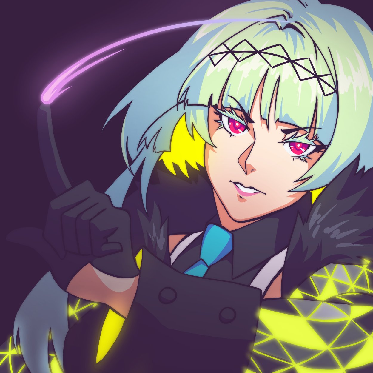 1girl, ascot, bangs, black_gloves, blunt_bangs, buskhusker, close-up, collared_shirt, cropped_jacket, face, fur_trim, gloves, gradient, green_hair, hair_ornament, headband, highres, looking_at_viewer, multicolored_hair, red_eyes, ringo_(soul_hackers_2), shirt, short_hair, sidelocks, solo, soul_hackers_2, upper_body, vest