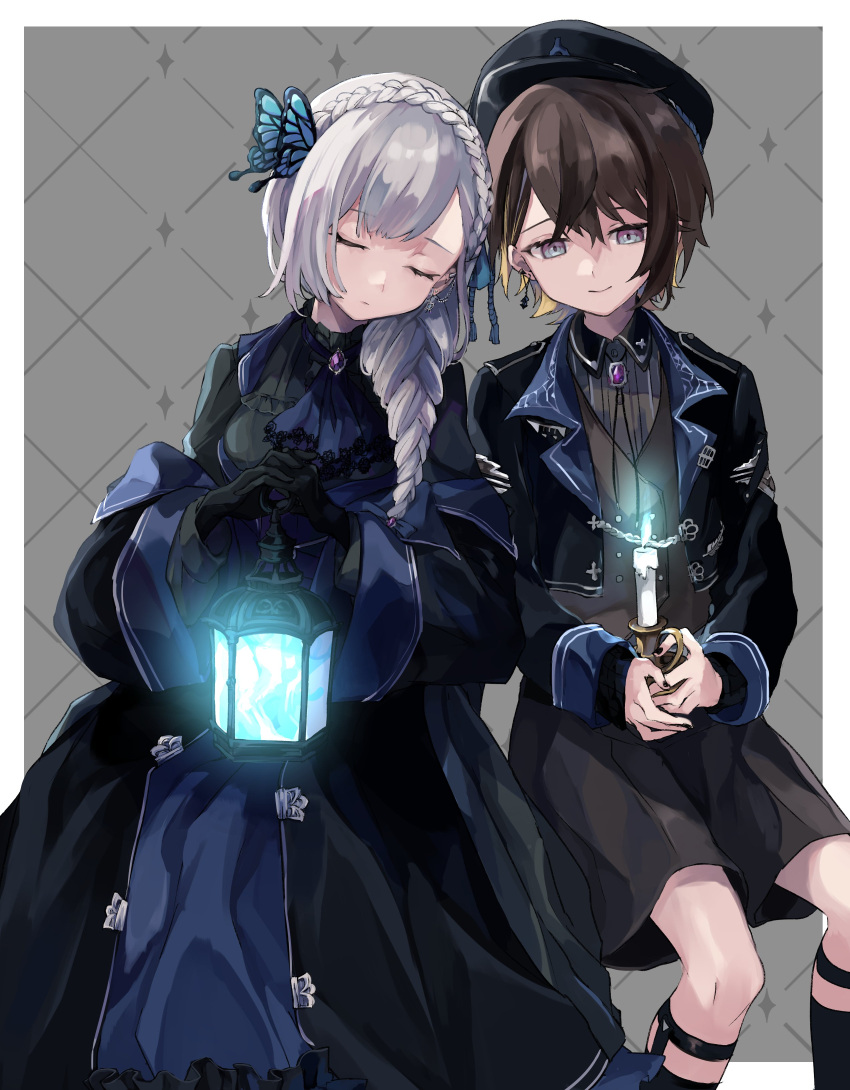 1girl, 1other, absurdres, androgynous, beltartte, blonde_hair, braid, brown_hair, bug, butterfly, candle, closed_eyes, dress, gloves, grey_eyes, hat, highres, ichigaya_kei, indie_virtual_youtuber, leaning_on_person, long_hair, long_sleeves, looking_away, multicolored_hair, pale_skin, shorts, silver_hair, virtual_youtuber, yumeno_you
