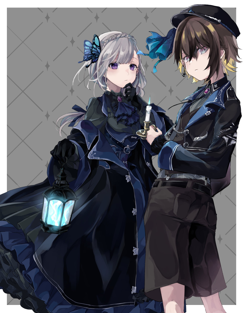 1girl, 1other, absurdres, androgynous, beltartte, blonde_hair, braid, brown_hair, bug, butterfly, candle, dress, gloves, grey_eyes, hat, highres, ichigaya_kei, indie_virtual_youtuber, long_hair, long_sleeves, looking_at_another, looking_at_viewer, multicolored_hair, pale_skin, shorts, silver_hair, violet_eyes, virtual_youtuber, yumeno_you