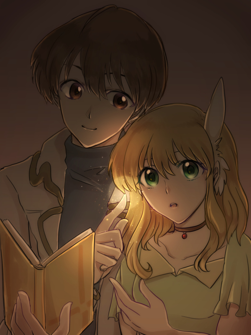 1boy, 1girl, bangs, blonde_hair, blue_shirt, book, brown_eyes, brown_hair