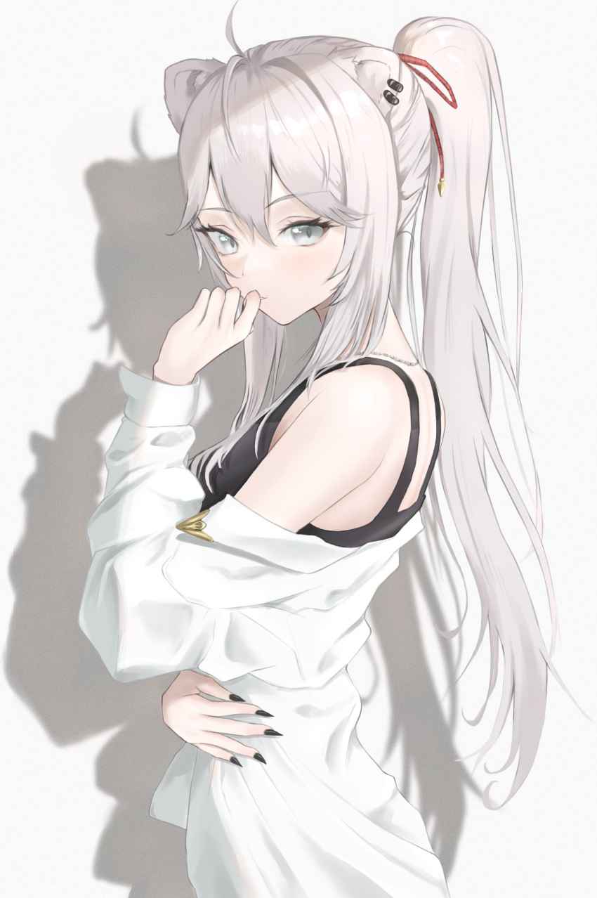 1girl, absurdres, ahoge, animal_ears, black_bra, black_nails, bra, breasts, chinese_commentary, dizzygame5, ear_piercing, eyebrows_visible_through_hair, eyelashes, fingernails, from_side, grey_background, grey_eyes, hair_between_eyes, hair_ribbon, half_updo, hand_to_own_mouth, highres, hololive, lion_ears, long_hair, long_sleeves, looking_at_viewer, medium_breasts, nail_polish, off_shoulder, open_clothes, open_shirt, piercing, ponytail, red_ribbon, ribbon, shadow, sharp_fingernails, shirt, shishiro_botan, sidelocks, silver_hair, simple_background, single_hair_intake, solo, sports_bra, underwear, upper_body, virtual_youtuber, white_shirt