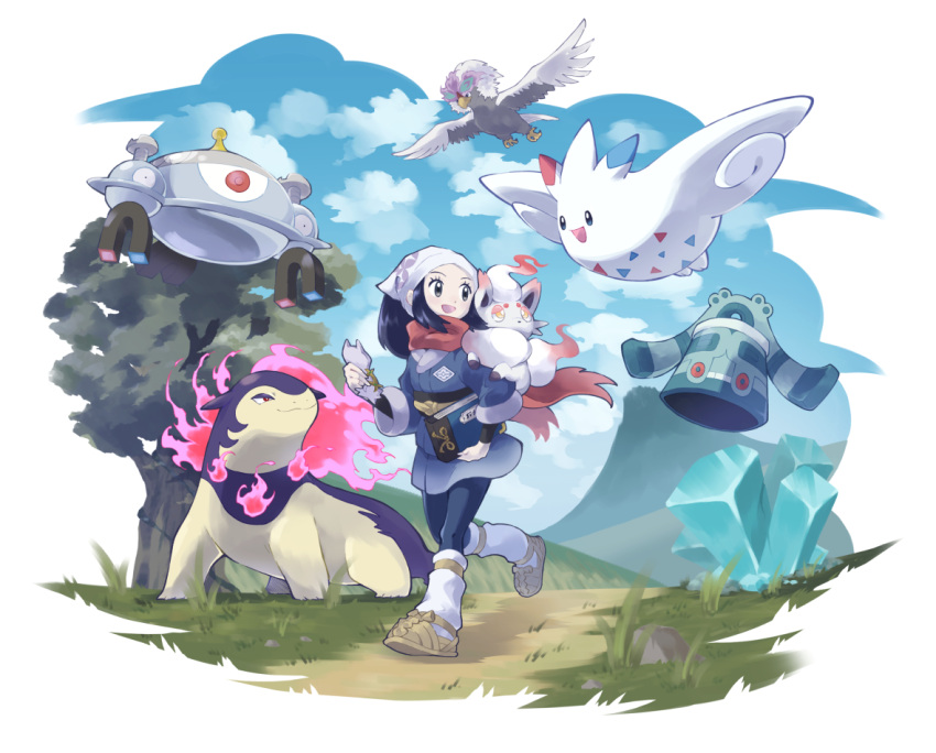 1girl, akari_(pokemon), arc_phone, black_hair, black_legwear, blue_jacket, blue_skirt, border
