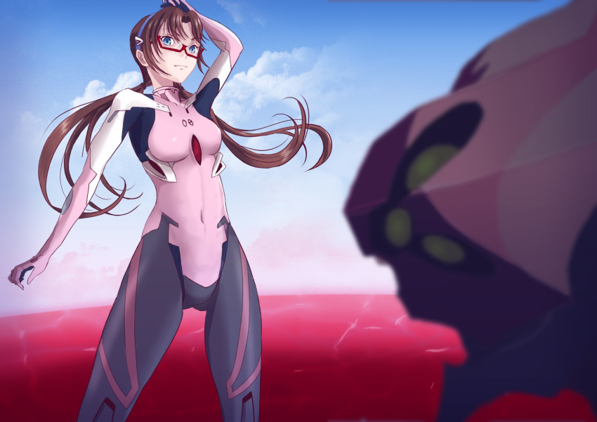 1girl, arm_over_head, ass_visible_through_thighs, black_bodysuit, blue_eyes, bodysuit, breasts, brown_hair, covered_navel, eva-8, headband, highres, interface_headset, light_smile, long_hair, looking_at_viewer, makinami_mari_illustrious, medium_breasts, multicolored_bodysuit, multicolored_clothes, nana_(nanaart), neon_genesis_evangelion, pink_bodysuit, plugsuit, solo, thighs, twintails