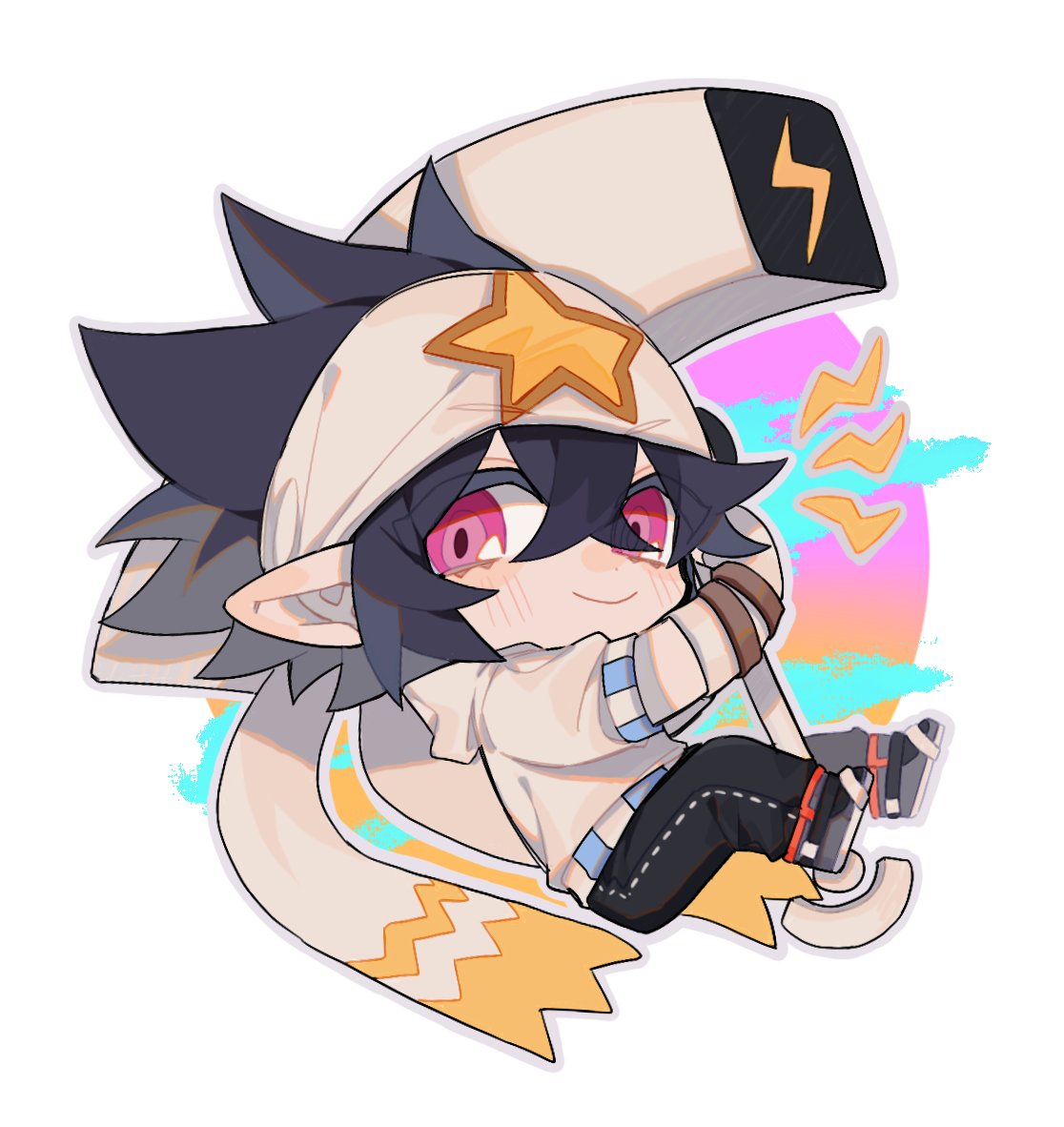 1boy, aotu_world, bandana, bangs, chibi, crossed_bangs, eyebrows_visible_through_hair, eyes_visible_through_hair, hair_between_eyes, hammer, holding, holding_hammer, holding_weapon, hood, hood_down, hoodie, lightning_bolt_symbol, looking_at_viewer, male_focus, pink_eyes, pointy_ears, ray_(aotu_world), short_hair, simple_background, smile, solo, star_(symbol), star_baili, star_print, weapon, white_background, white_bandana