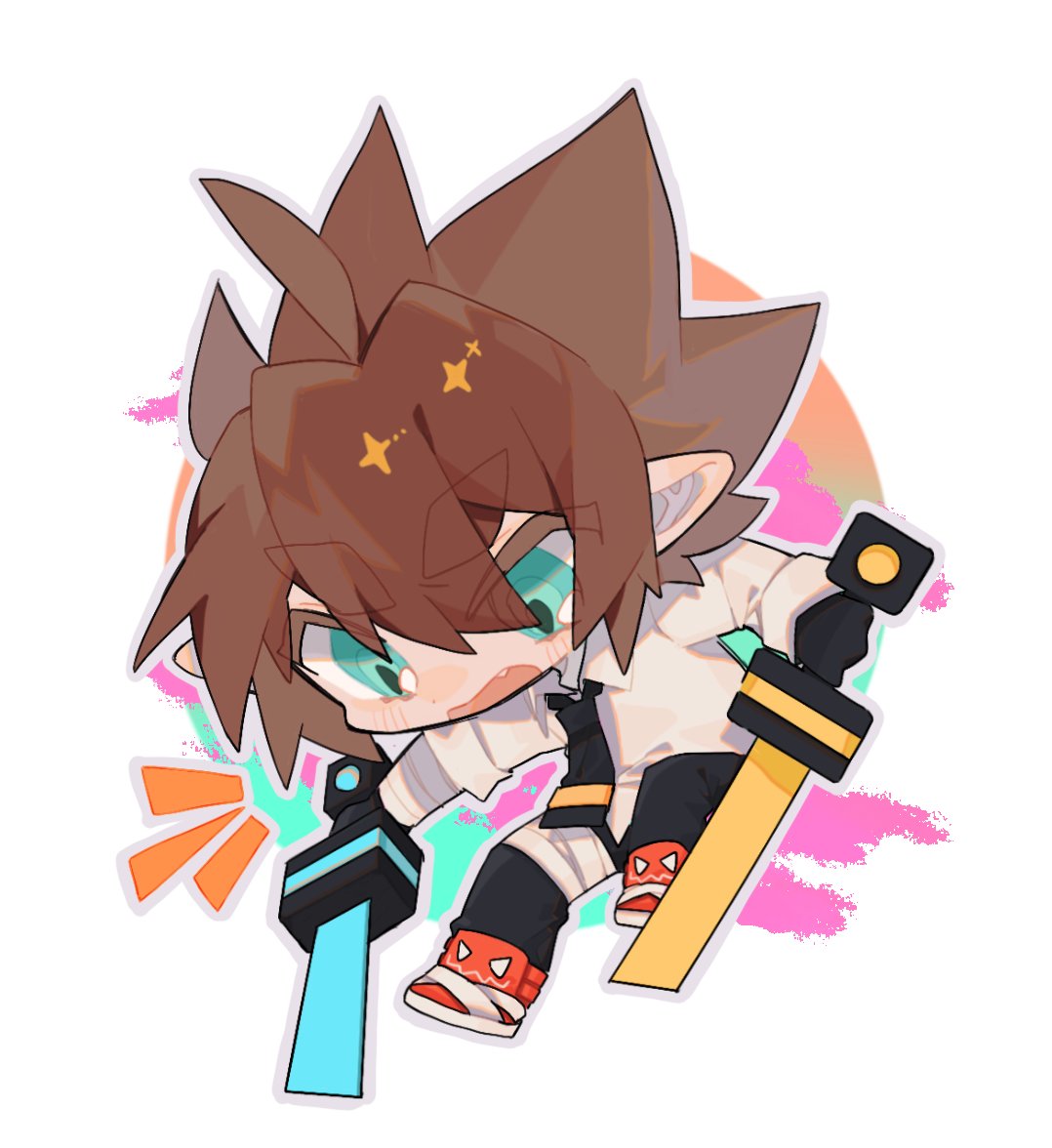 1boy, anmicius, aotu_world, aqua_eyes, bandages, black_gloves, black_neckwear, brown_hair