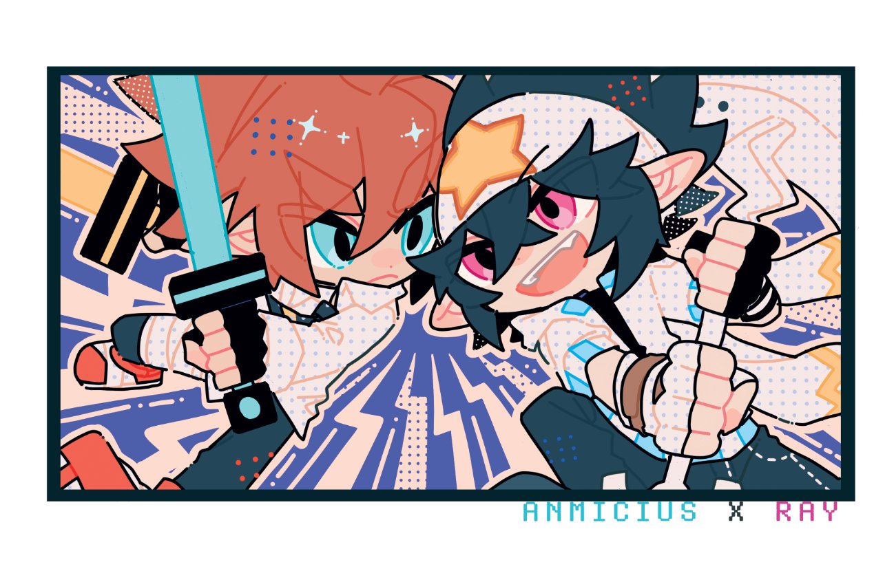 2boys, anmicius, aotu_world, asymmetrical_gloves, bandana, bangs, black_gloves, black_hair, brown_hair, character_name, chibi, closed_mouth, crossed_bangs, dual_wielding, eyebrows_visible_through_hair, eyes_visible_through_hair, fang, fingerless_gloves, framed, gloves, hair_between_eyes, holding, holding_sword, holding_weapon, long_sleeves, male_focus, mismatched_gloves, multiple_boys, open_mouth, pink_eyes, pointy_ears, ray_(aotu_world), serious, short_hair, smile, sparkle, spiky_hair, star_(symbol), star_baili, star_print, sword, thick_eyebrows, weapon, white_bandana