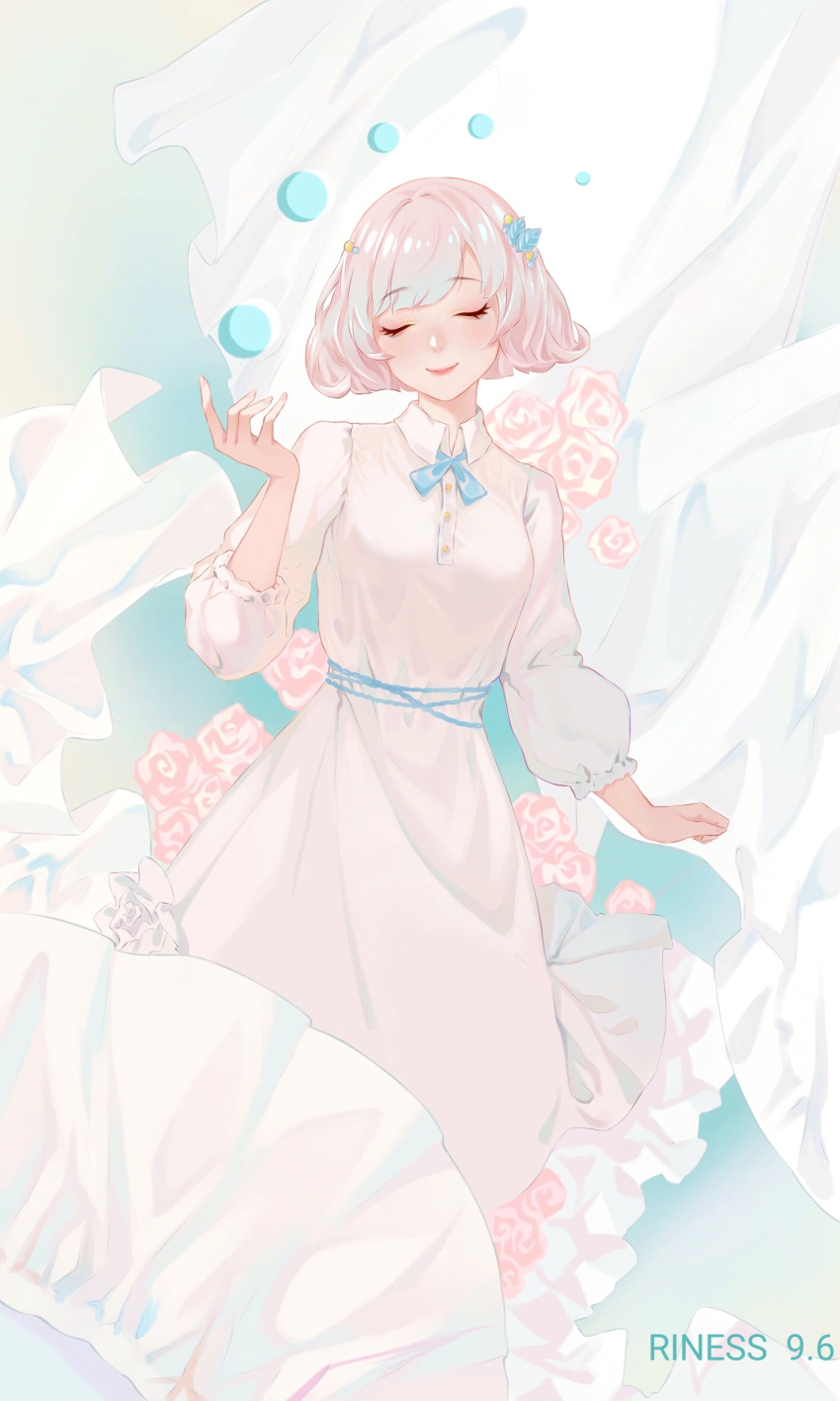 1girl, artist_name, blue_ribbon, circle, cirrika, closed_eyes, closed_mouth, collared_dress