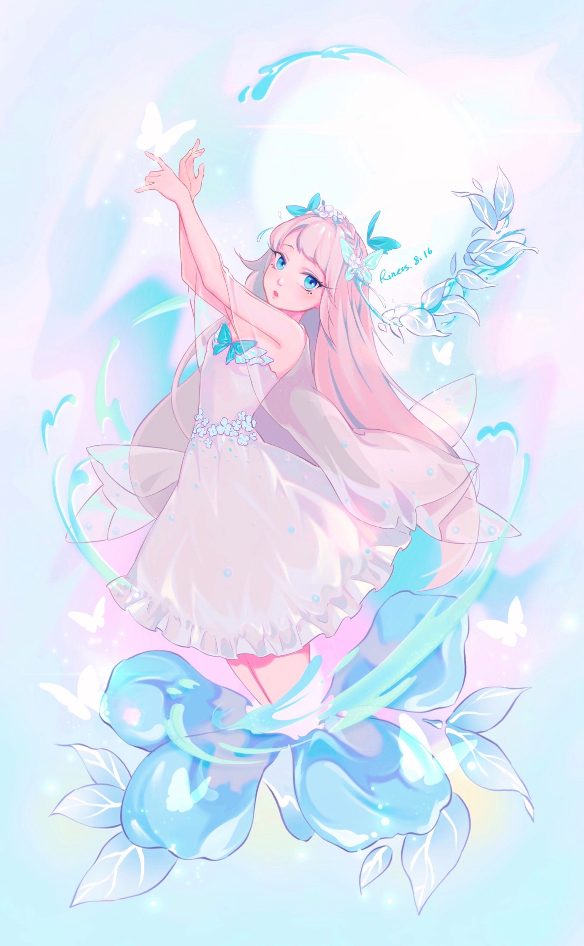 1girl, blue_background, blue_eyes, blue_flower, bug, butterfly, cirrika, commentary