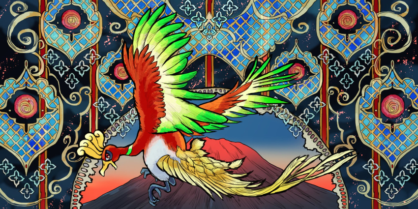 animal_focus, bird, commentary_request, flying, from_side, full_body, fusenryo, highres, ho-oh, looking_to_the_side, no_humans, open_mouth, pokemon, pokemon_(creature), red_eyes, solo