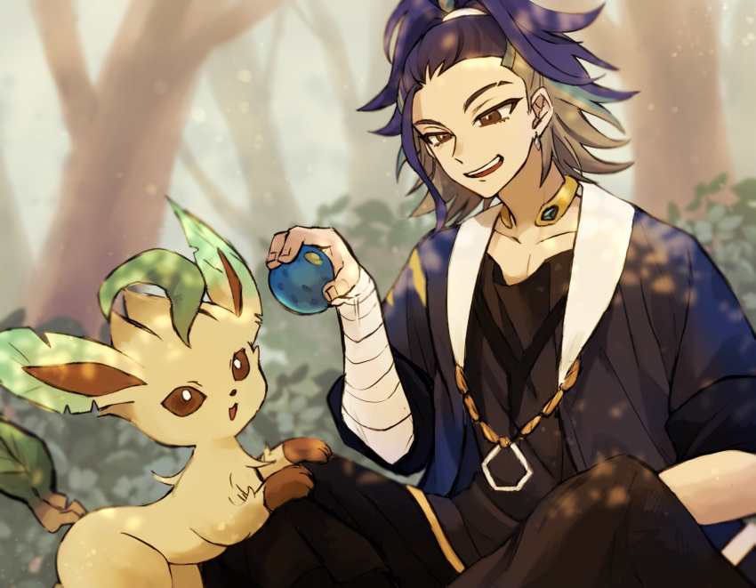 1boy, adaman_(pokemon), arm_wrap, berry_(pokemon), blue_coat, brown_eyes, bush, coat, collar, collarbone, commentary_request, day, earrings, eyebrow_cut, green_hair, hand_up, highres, holding, jewelry, leafeon, male_focus, multicolored_hair, om666en, oran_berry, outdoors, pokemon, pokemon_(creature), pokemon_(game), pokemon_legends:_arceus, purple_hair, tree