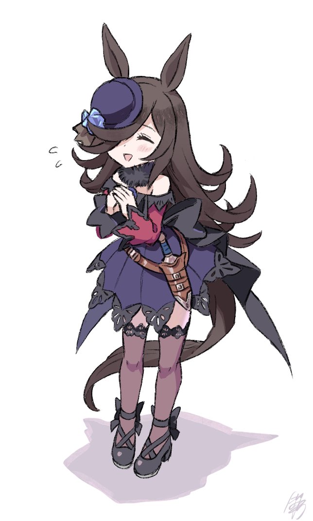 1girl, animal_ears, belt, black_footwear, blue_dress, blue_headwear, botamochi_(exwelder), brown_hair
