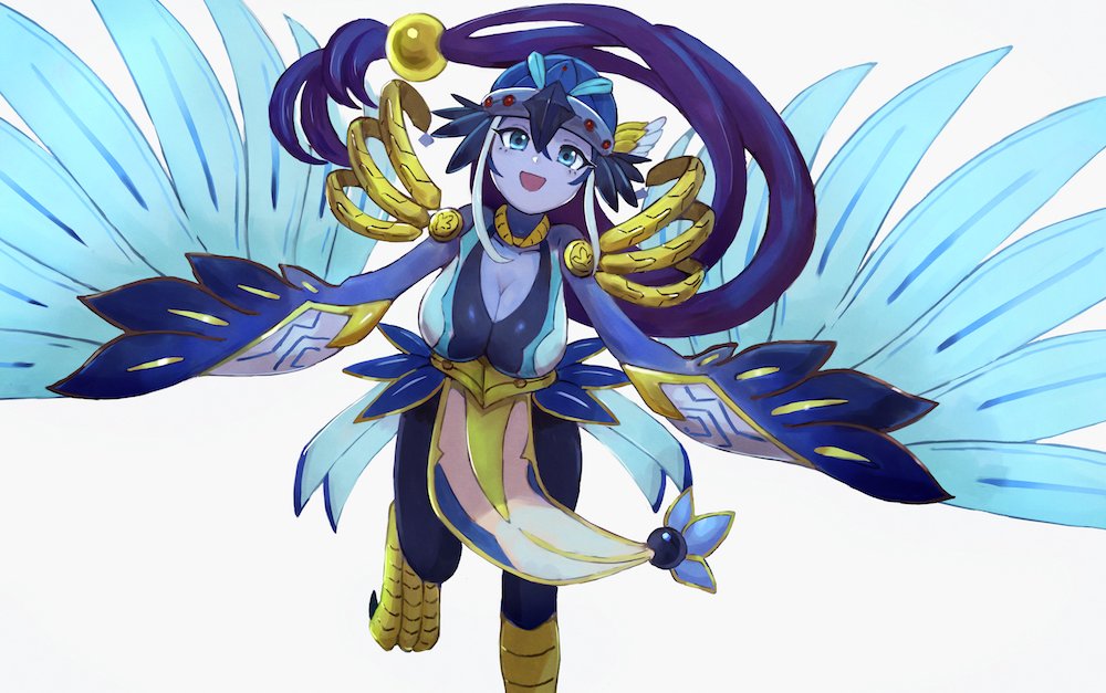 1girl, aqua_eyes, bare_shoulders, bird_girl, blue_skin, breasts, colored_skin, cowboy_shot