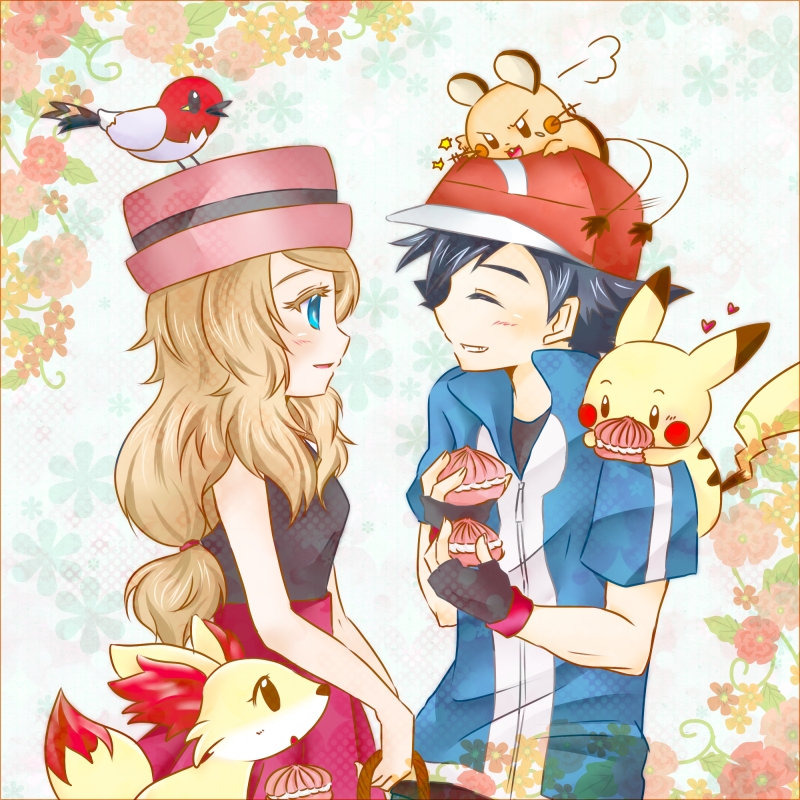 1girl, ash_ketchum, black_hair, blue_eyes, blush, closed_eyes, couple, dedenne
