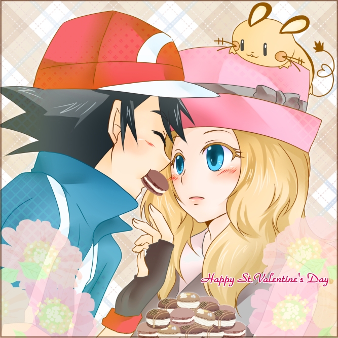 1girl, ash_ketchum, black_hair, blue_eyes, blush, closed_eyes, couple, dedenne