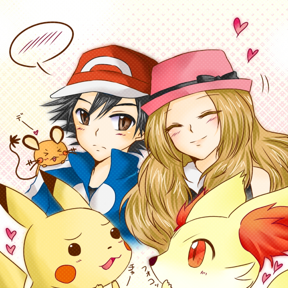 1boy, 1girl, ash_ketchum, black_hair, blonde_hair, blush, closed_eyes, couple