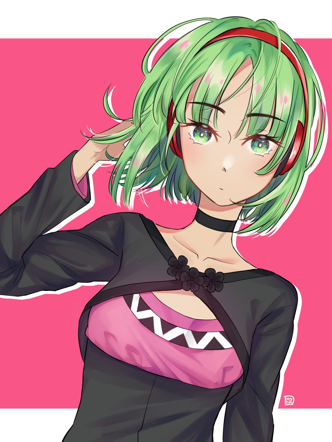1girl, choker, green_eyes, green_hair, headphones, highres, nyoomdoesstuff, phonon_(under_night_in-birth)