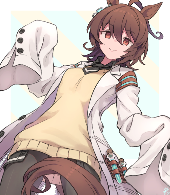 1girl, agnes_tachyon_(umamusume), ahoge, animal_ears, bangs, black_legwear, black_necktie, botamochi_(exwelder)