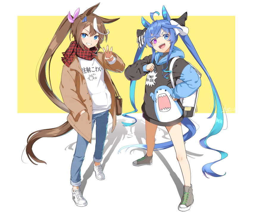 2girls, absurdres, ahoge, animal_ears, backpack, bag, bangs, blue_eyes, blue_hair, brown_hair, brown_jacket, clenched_hand, denim, full_body, grey_footwear, grin, hand_in_pocket, handbag, high_tops, highres, hood, hood_down, hoodie, horse_ears, horse_girl, horse_tail, jacket, jeans, kagami_(haret46), long_sleeves, looking_at_viewer, multicolored_hair, multiple_girls, open_mouth, pants, ponytail, scarf, shadow, sharp_teeth, shoes, smile, sneakers, standing, streaked_hair, tail, teeth, tokai_teio_(umamusume), twin_turbo_(umamusume), twintails, umamusume, upper_body, violet_eyes, w, white_footwear, white_hoodie