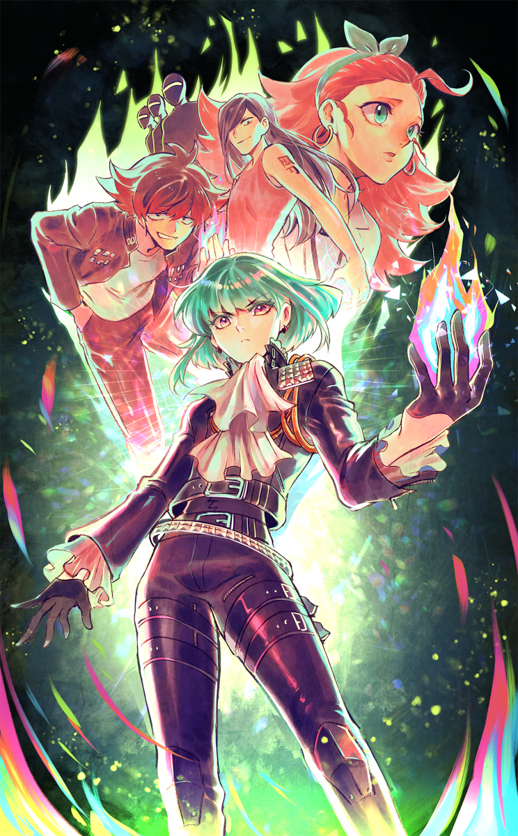 1girl, 302, 3boys, ascot, black_gloves, black_hair, black_jacket, blue_fire