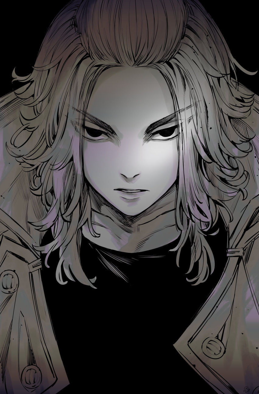 1boy, absurdres, collarbone, empty_eyes, forehead, frown, greyscale, highres, jacket, jacket_on_shoulders, long_hair, looking_at_viewer, male_focus, monochrome, parted_lips, pizza_oisii6, sano_manjirou, shirt, simple_background, solo, tokyo_revengers, upper_body, v-shaped_eyebrows