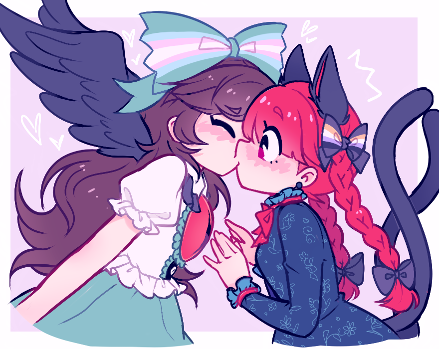 2girls, animal_ears, bangs, bird_wings, black_bow, black_wings, blunt_bangs, border