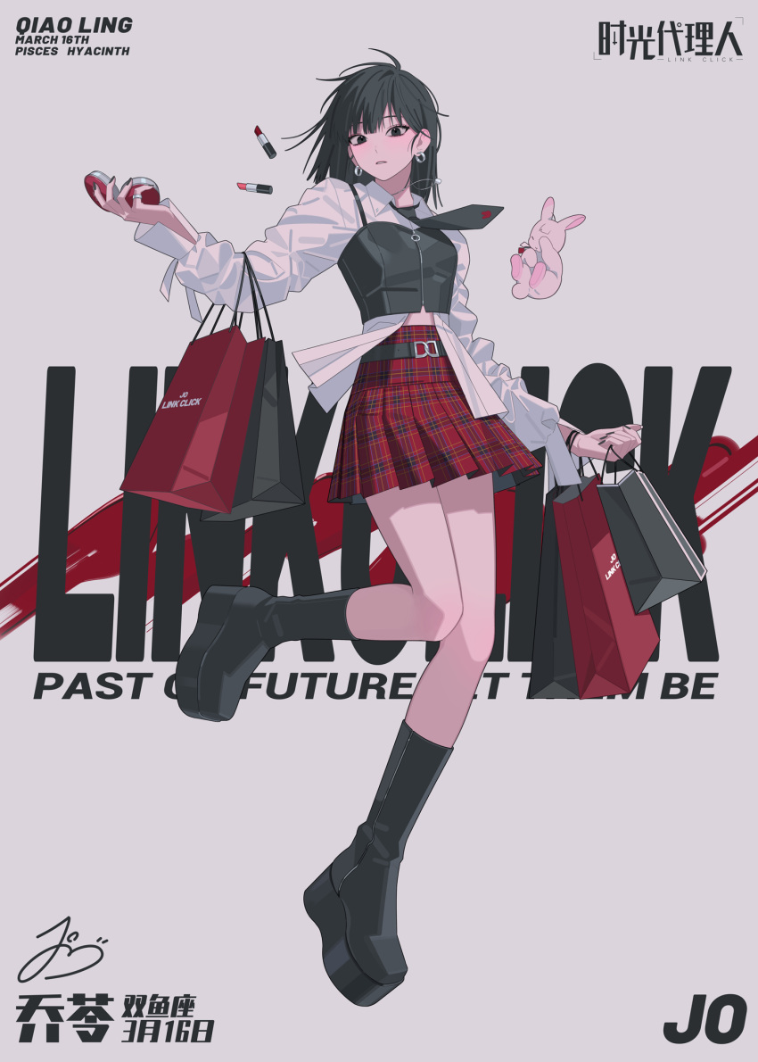 1girl, bag, bangs, black_eyes, black_footwear, black_hair, black_necktie, boots