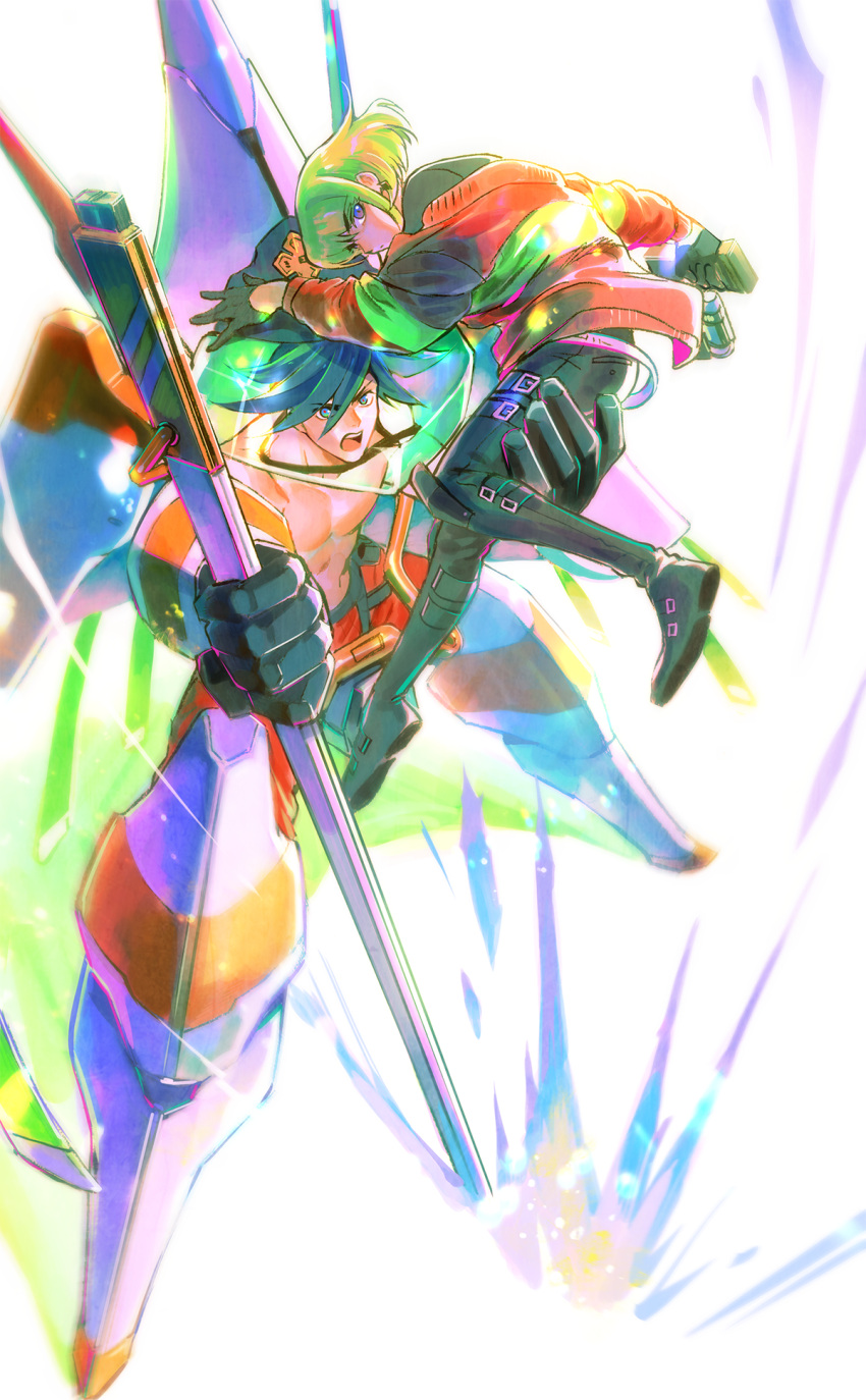 2boys, 302, blue_eyes, firefighter, firefighter_jacket, galo_thymos, green_hair, highres