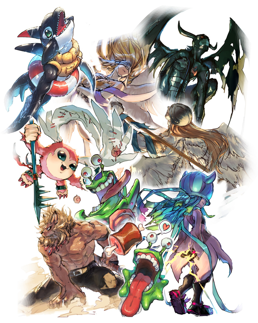 2girls, 3boys, absurdres, angel, angemon, angewomon, animal_ears, bare_shoulders