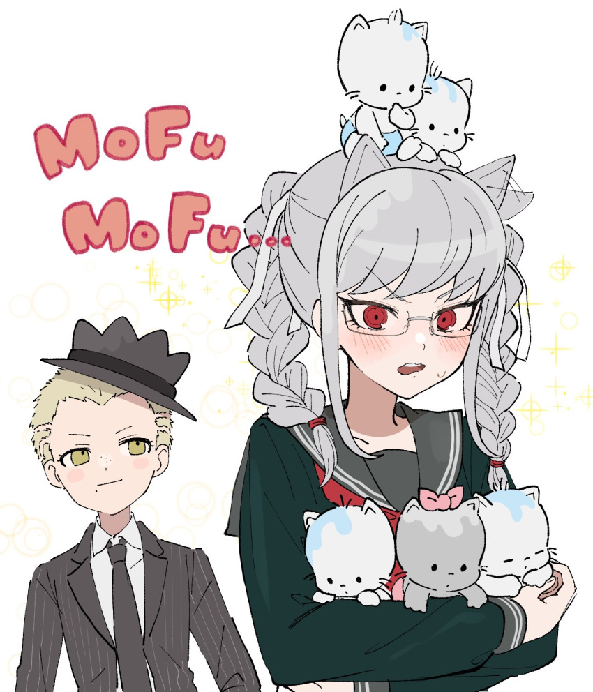 1boy, 1girl, animal_ears, bangs, black_headwear, black_jacket, black_necktie, blonde_hair