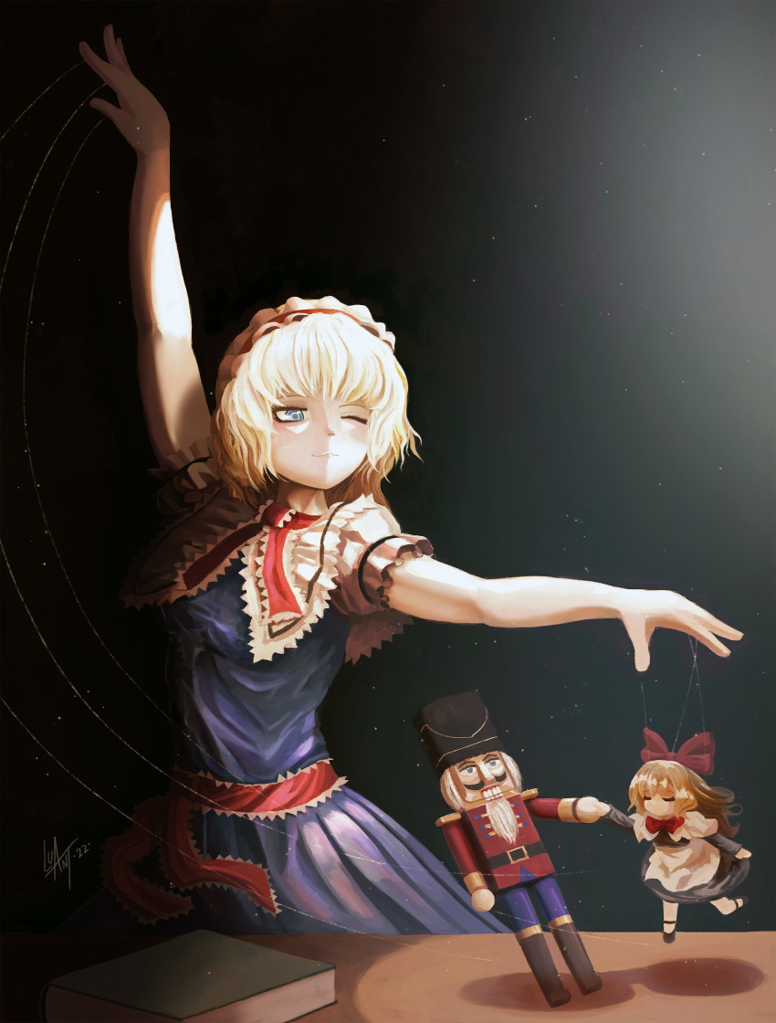 1girl, :3, absurdres, alice_margatroid, arm_at_side, arm_up, blonde_hair, blue_dress
