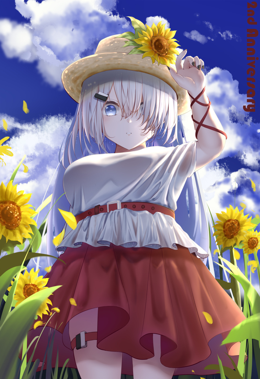 1girl, absurdres, blue_sky, flower, flower_hat, hair_ornament, hair_over_one_eye, hat, highres, long_hair, looking_at_viewer, noir_(noworld), noworld, qiyuan_yingluo, sky, solo, sunflower, virtual_youtuber, white_hair