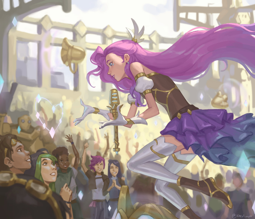 6+girls, absurdres, arm_up, artist_name, bangs, blitzcrank, blurry, blurry_background