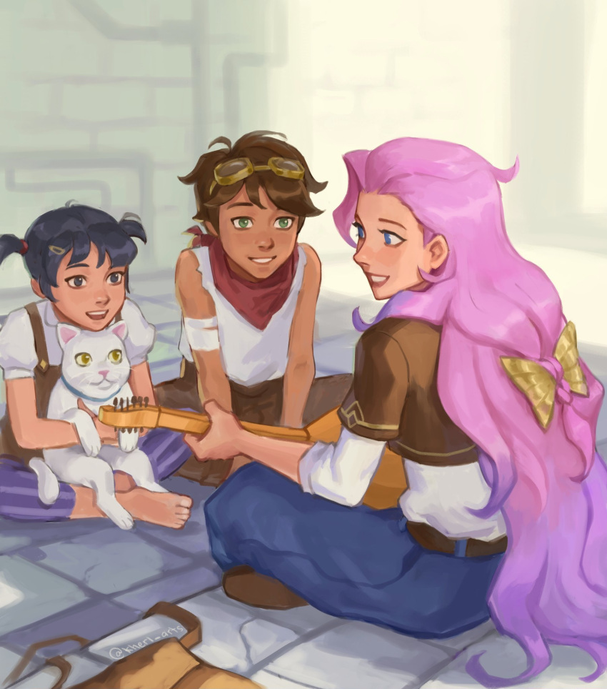 1boy, 2girls, animal, bag, bangs, bao_(league_of_legends), bare_shoulders, barefoot