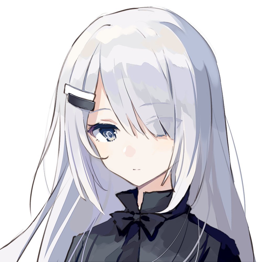 1girl, black_dress, canon_(aria), dress, hair_ornament, hair_over_one_eye, hairclip, long_hair, looking_at_viewer, noir_(noworld), noworld, upper_body, virtual_youtuber, white_background, white_hair
